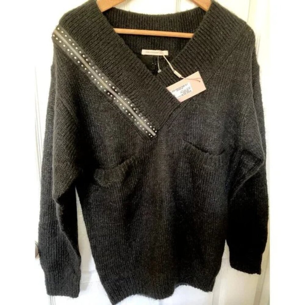 Christopher Kane Crystal Zip BLACK Wool Mohair V Neck Oversized Sweater S NWT